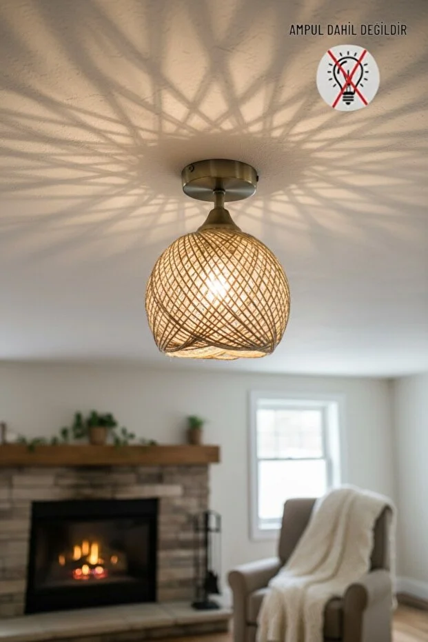 Bohem Recycle İplik Jüt El Yapımı Bej Piramit Plafonyer Başlık Tekli Modern Aydınlatma